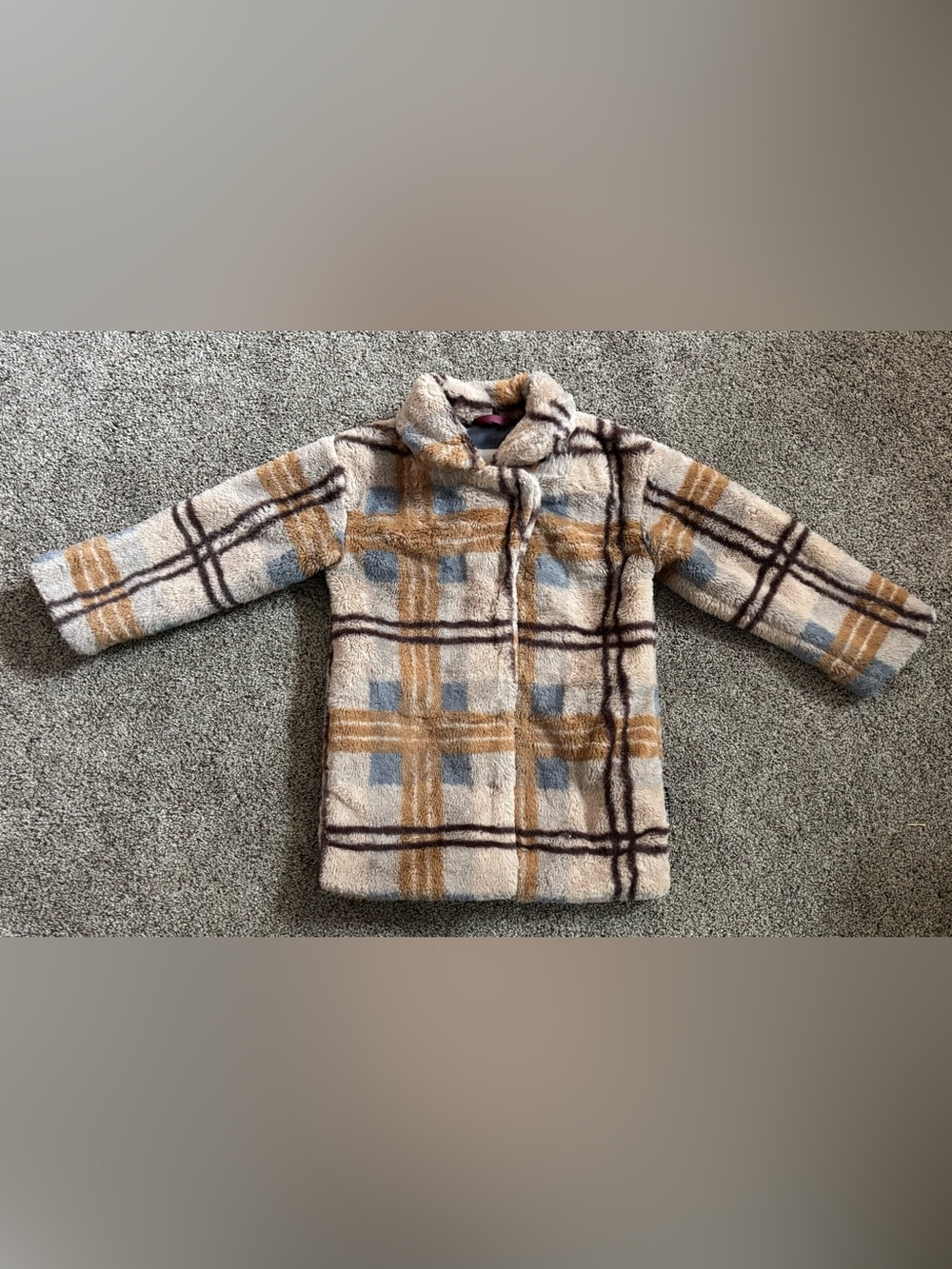 Molo Plaid Teddy Coat in Cream, Blue & Brown